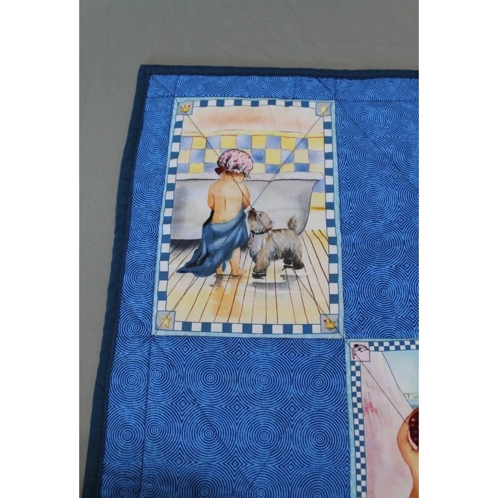 Handmade Baby Crib Quilt Blanket Blue Nursery + Plush Puppy Dog Toy Lot
